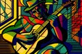 Afro-American male musician guitarist playing a guitar in an abstract cubist style painting Royalty Free Stock Photo