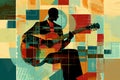 Afro-American male musician guitarist playing a guitar in an abstract cubist style painting