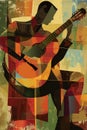 Afro-American male musician guitarist playing a guitar in an abstract cubist style painting