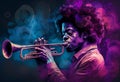 Afro-American male trumpeter musician playing a brass trumpet in an abstract vintage distressed style music painting Royalty Free Stock Photo