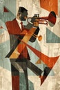 Afro-American male trumpeter musician playing a brass trumpet in an abstract vintage distressed style music painting Royalty Free Stock Photo
