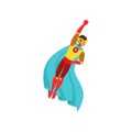 Afro american man character dressed as a super hero flying in the traditional heroic pose cartoon vector Illustration