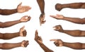 Afro-American man showing different gestures on white background, closeup view Royalty Free Stock Photo