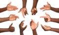 Afro-American man showing different gestures on white background, closeup view