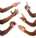 Afro-American man showing different gestures on white background