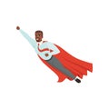 Afro-american man with superhero cloak flying with hand up. Royalty Free Stock Photo