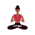 afro american meditating woman. Vector illustration of cartoon young woman sitting in yoga lotus position surrounded