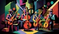 Afro-American New Orleans acoustic male jazz band musicians playing in an abstract cubist style painting Royalty Free Stock Photo