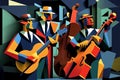 Afro-American New Orleans acoustic male jazz band musicians playing in an abstract cubist style painting