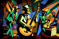 Afro-American New Orleans acoustic male jazz band musicians playing in an abstract cubist style painting Royalty Free Stock Photo