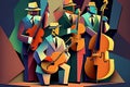 Afro-American New Orleans acoustic male jazz band musicians playing in an abstract cubist style painting Royalty Free Stock Photo