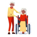 Afro American old couple. Black elderly woman is sitting on the wheelchair, her husband hugs her shoulders. Vector flat