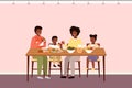 The family dines with healthy food. Relatives eat natural fresh products vector illustration