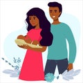 afro american Set of illustrations about pregnancy and motherhood. Pregnant woman with tummy with Dad. Lady with a Royalty Free Stock Photo