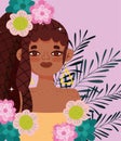 Afro american woman artificial hair braiding cartoon flowers portrait