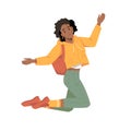 Afro american woman with backpack jump, hands up Royalty Free Stock Photo