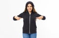 Afro american woman in black hoodie pointing with both hands at it, girl in sweatshirt mock up