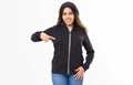 Afro american woman in black hoodie pointing hands at it, girl in sweatshirt mock up