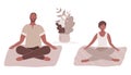 Afro-american woman and man in yoga lotus position doing meditation, mindfulness practice,spiritual discipline at home or gym.Cute