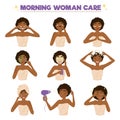 Afro American Woman Morning Routine Icon Set