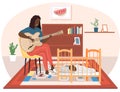 Afro American woman playing guitar. Mom singing to little child at night and helps him to sleep