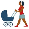 Afro american woman with pram listening music