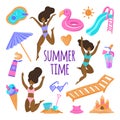 Afro american women with smile by the pool. Vector set of clip-art summer party,girls jumping, spending time at summer resort Royalty Free Stock Photo