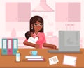 Afro american working mother woman with child home office room interior background flat design concept template vector