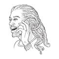 Afro-American young man with dreadlocks speaking on the phone and smiling. Black and white linear sketch isolated n Royalty Free Stock Photo