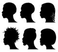 Afro american young men face silhouettes. African male black profiles