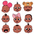 Afro Baby avatars. Child emotions. Set of toddler facial children expressions. Cartoon style characters