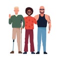Afro and bal men with man using prosthesis leg perfectly imperfect characters