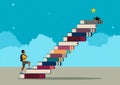 Afro Boy with a backpack climbing the stairs made of books to reach the stars Royalty Free Stock Photo