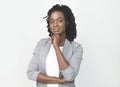 Afro Business Lady Touching Chin Smiling At Camera, White Background