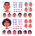 Afro characters. Stylish african persons avatar creation kit big eyes nose mouth afro hair black skin tone exact vector