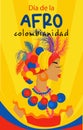 Afro-Colombian Day in Colombia in Spanish. Vertical banner in bright colors. Beautiful woman in national carnival costume