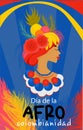 Afro-Colombian Day in Colombia in Spanish. Vertical banner in bright colors. Beautiful woman in national carnival costume