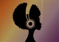Afro curly girl listens to music on headphones. Music therapy. Profile of a young African American woman. Musician avatar logo