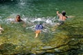 Children playing in a pool at the base of a waterfall in Ecuador Royalty Free Stock Photo