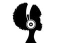 The Afro girl listens to music on headphones. Music therapy. Profile of a young African American woman. Musician avatar side view Royalty Free Stock Photo