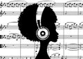 The Afro girl listens to music on headphones. Rock Music concept. Profile of a young African American woman. Musician avatar