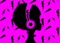 The Afro girl listens to music on headphones. Rock Music concept. Profile of a young African American woman. Musician avatar side