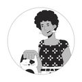 Afro hair woman stroking cat head black and white 2D vector avatar illustration