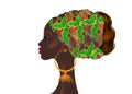 Afro hairstyle, beautiful portrait African woman in wax print fabric turban, diversity concept. Black Queen, ethnic head tie