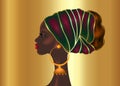 Afro hairstyle, beautiful portrait African woman in wax print fabric turban, diversity concept. Black Queen, ethnic head tie Royalty Free Stock Photo