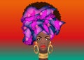 Afro hairstyle beautiful portrait African woman in wax print fabric turban, gold jewelry, diversity concept. Black Queen, ethnic