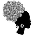 Afro Hairstyle. Black curly head in profile african american woman in mandala style. Coloring page for adult in mandala