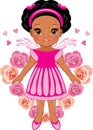 Afro little girl on the background of the heart of pink roses Royalty Free Stock Photo