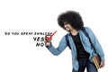 Afro man writes speak english text on screen Royalty Free Stock Photo