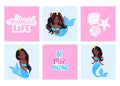 Afro Mermaids Dark Skin. Baby Print Illustrations for Nursery, Party Decoration.